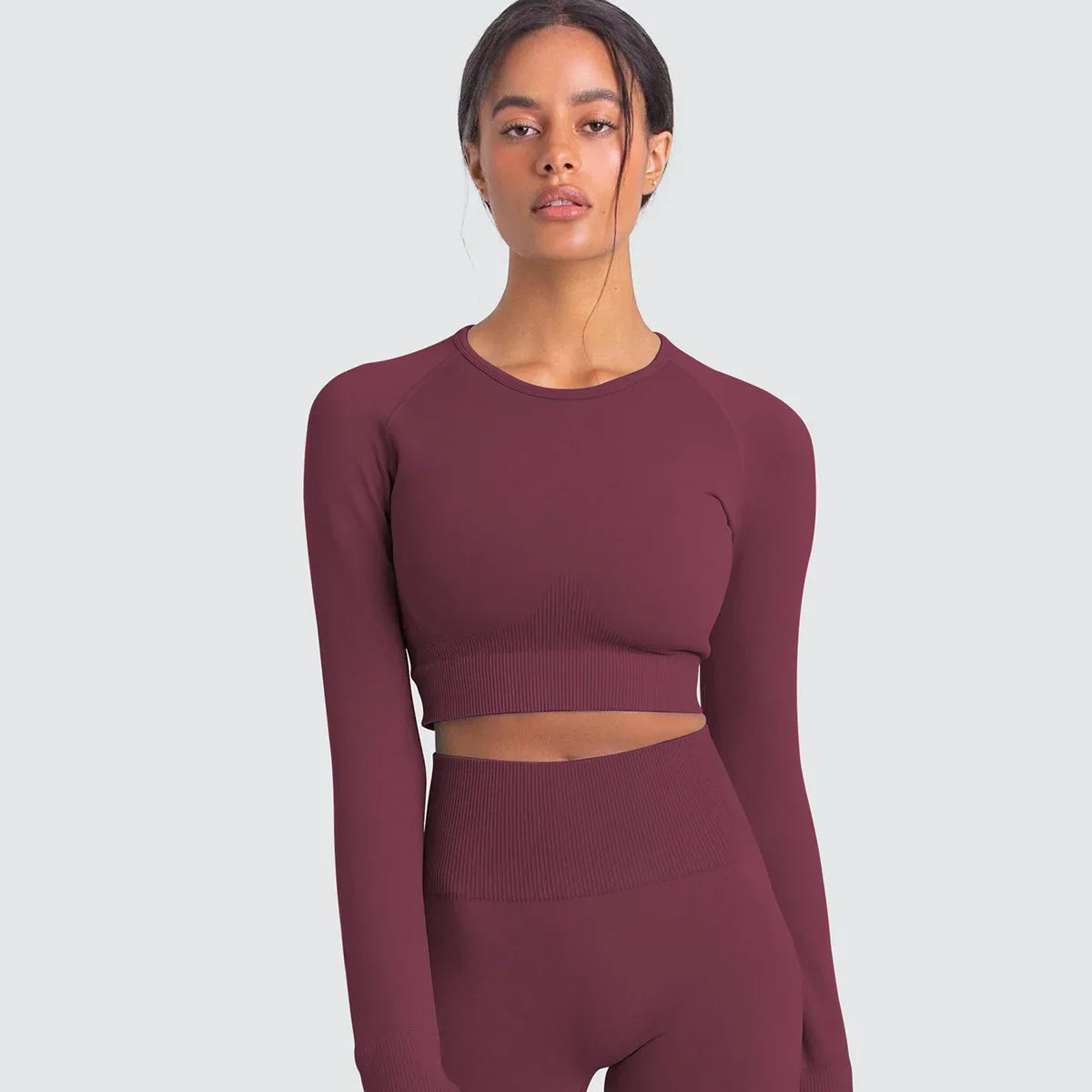 Hauts de fitness sans couture de couleur unie, slim, respirants, de yoga, de sport, de gym, à manches longues pour femmes