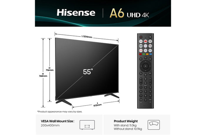 Hisense 55A6QTUK 55 inch 4K Ultra HD HDR LED Smart TV with Freely