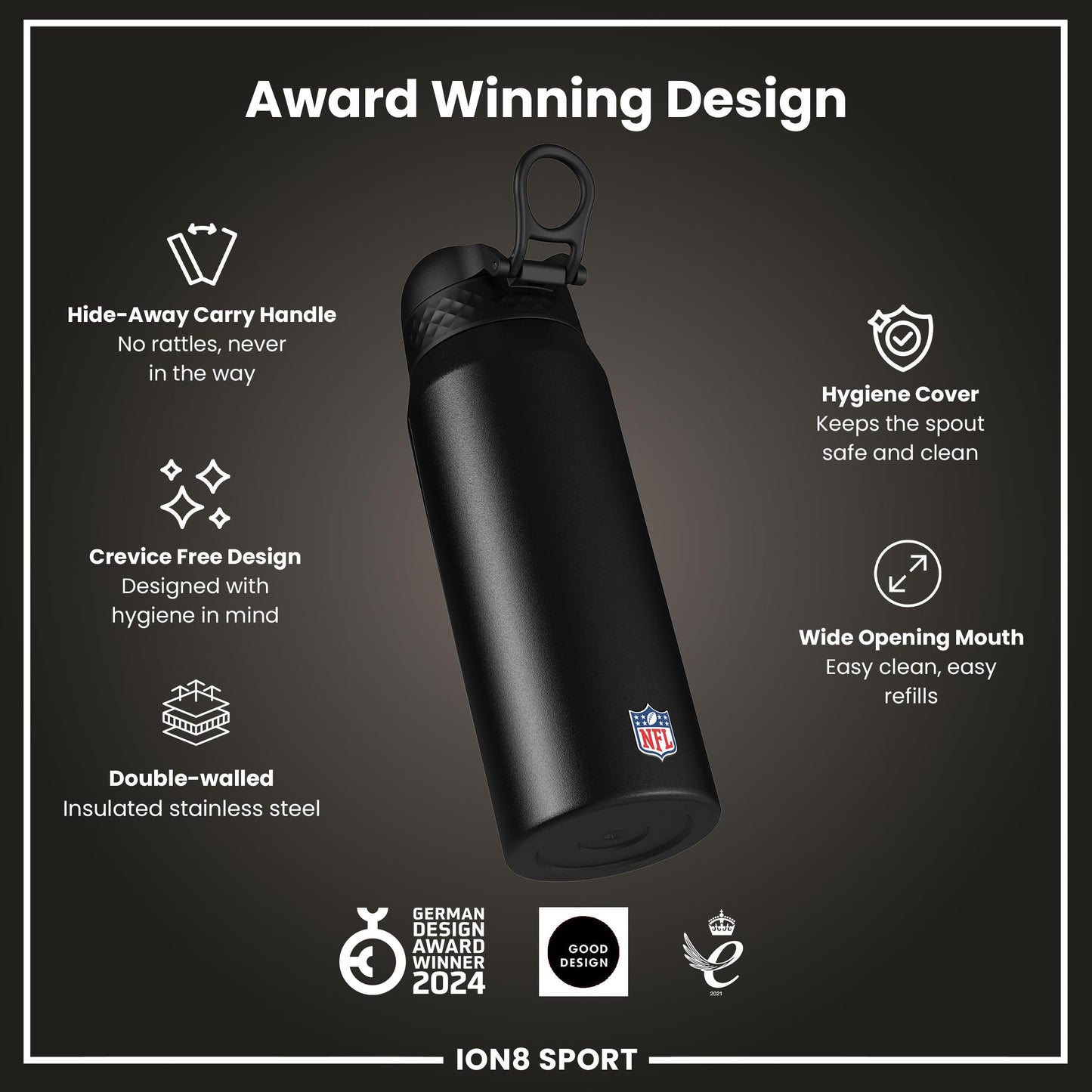 NFL x ION8 Insulated Steel Water Bottle, NFL Lions, 750ml (24oz)