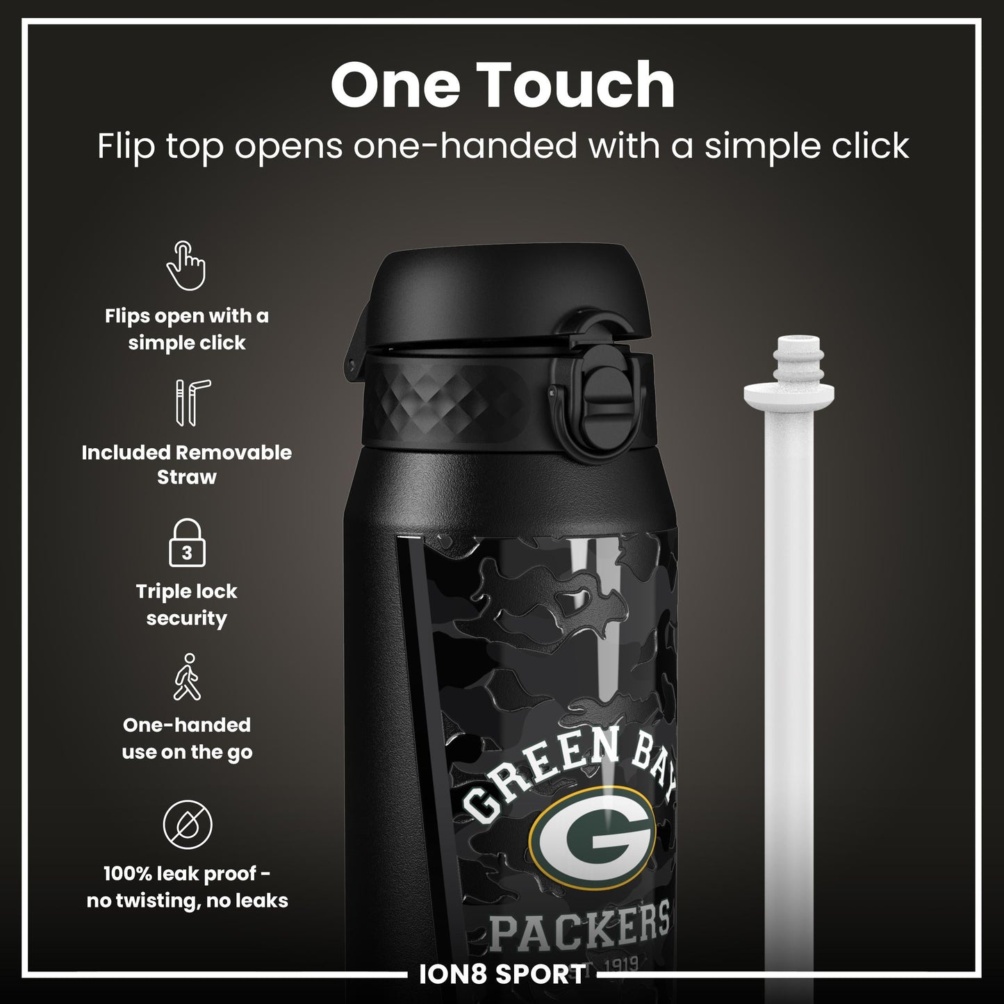NFL x ION8 Insulated Steel Water Bottle, NFL Packers, 750ml (24oz)