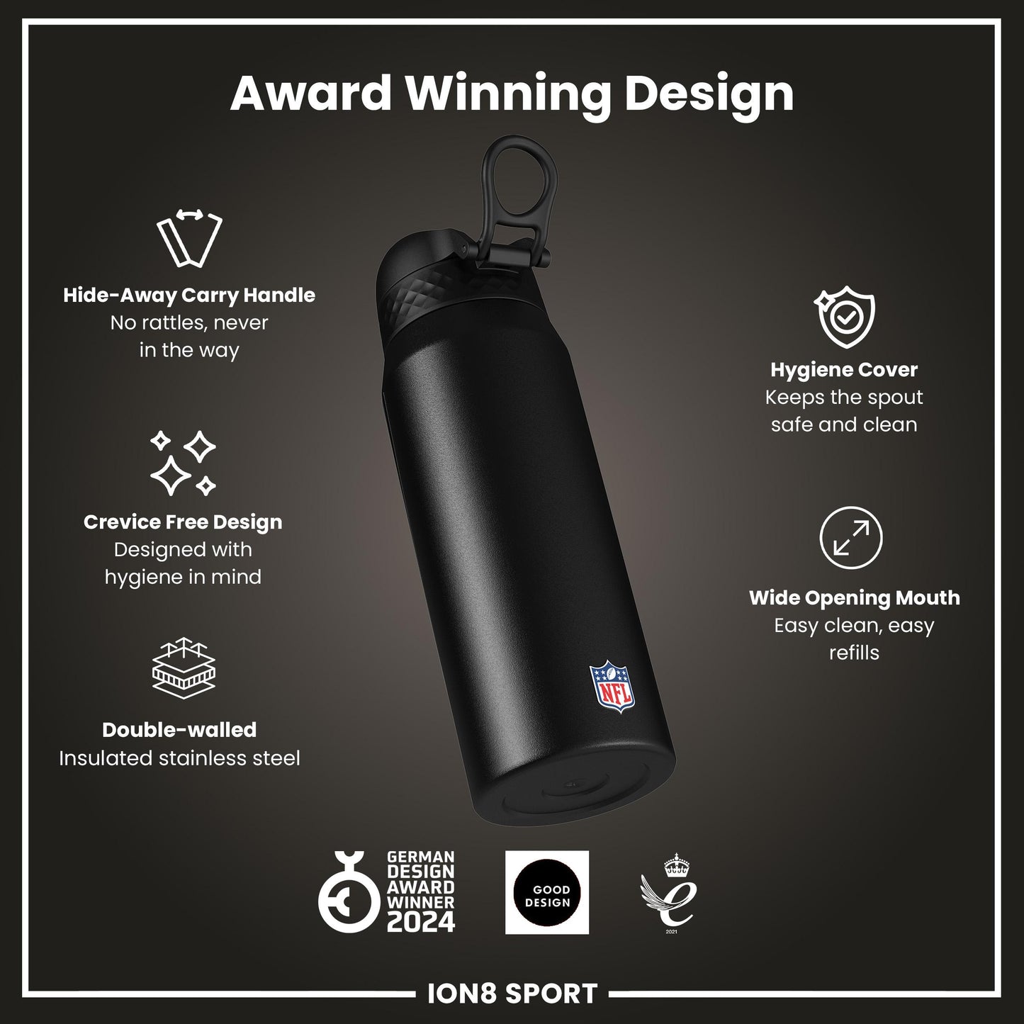 NFL x ION8 Insulated Steel Water Bottle, NFL Jaguars, 750ml (24oz)