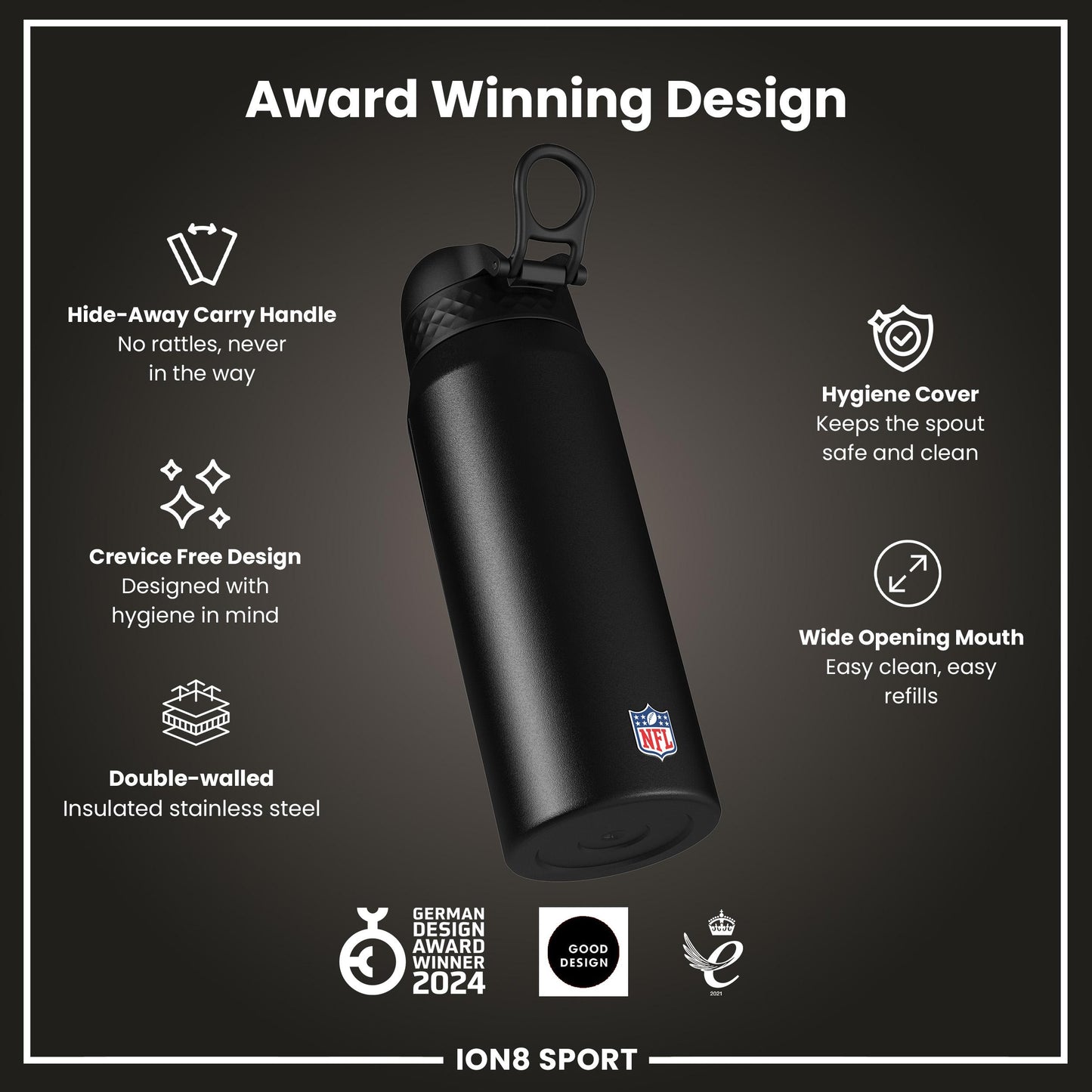 NFL x ION8 Insulated Steel Water Bottle, NFL Chiefs, 750ml (24oz)