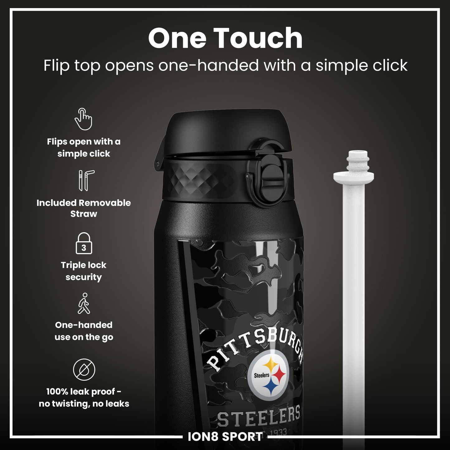 NFL x ION8 Insulated Steel Water Bottle, NFL Steelers, 750ml (24oz)