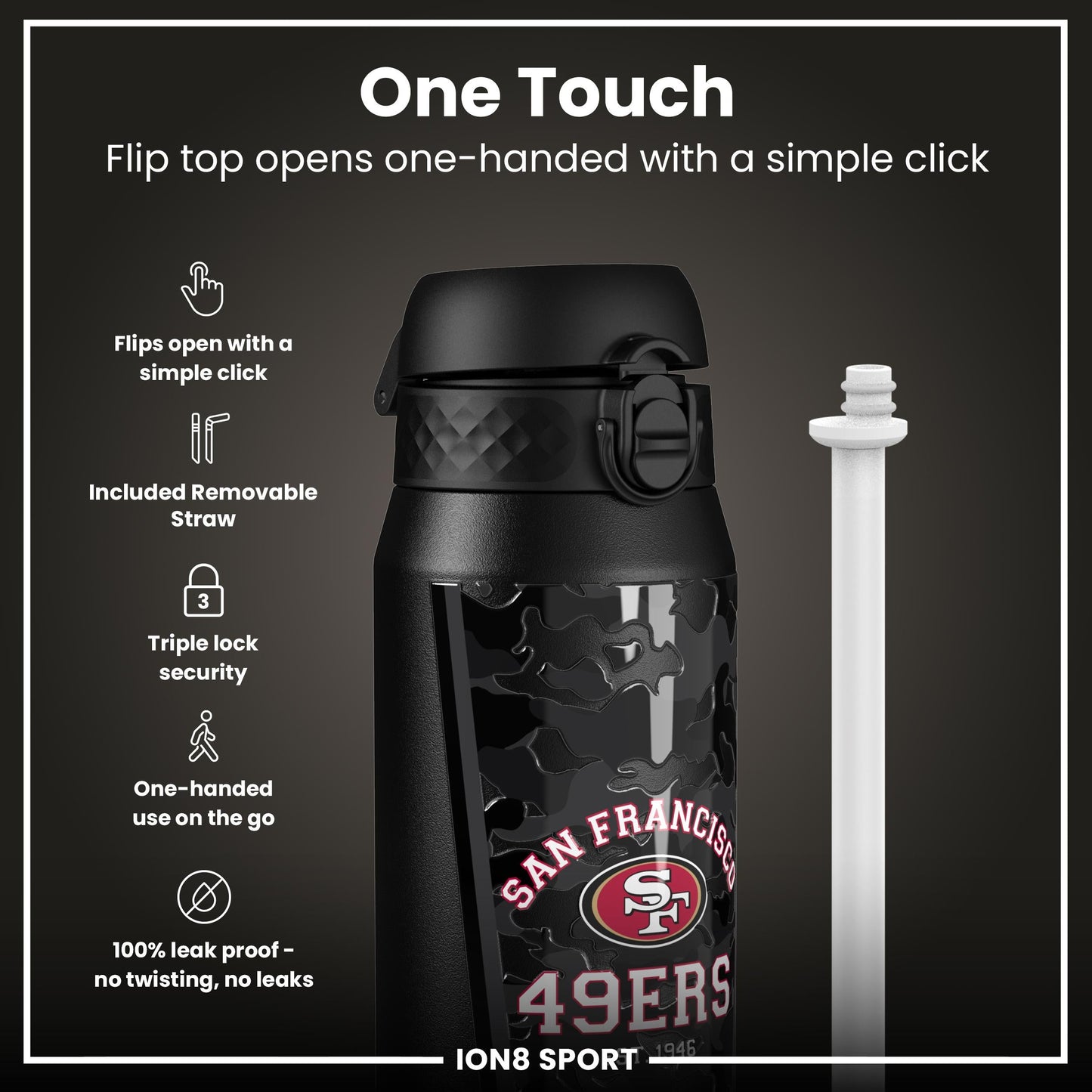 NFL x ION8 Insulated Steel Water Bottle, NFL 49ers, 750ml (24oz)