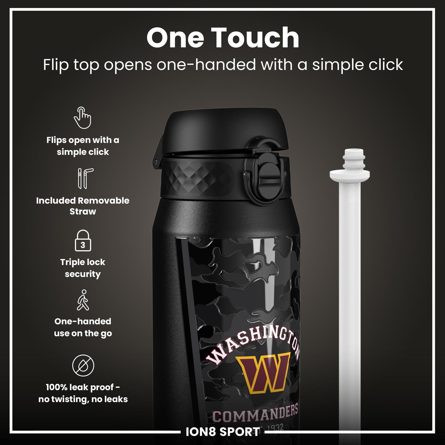 NFL x ION8 Insulated Steel Water Bottle, NFL Commanders, 750ml (24oz)