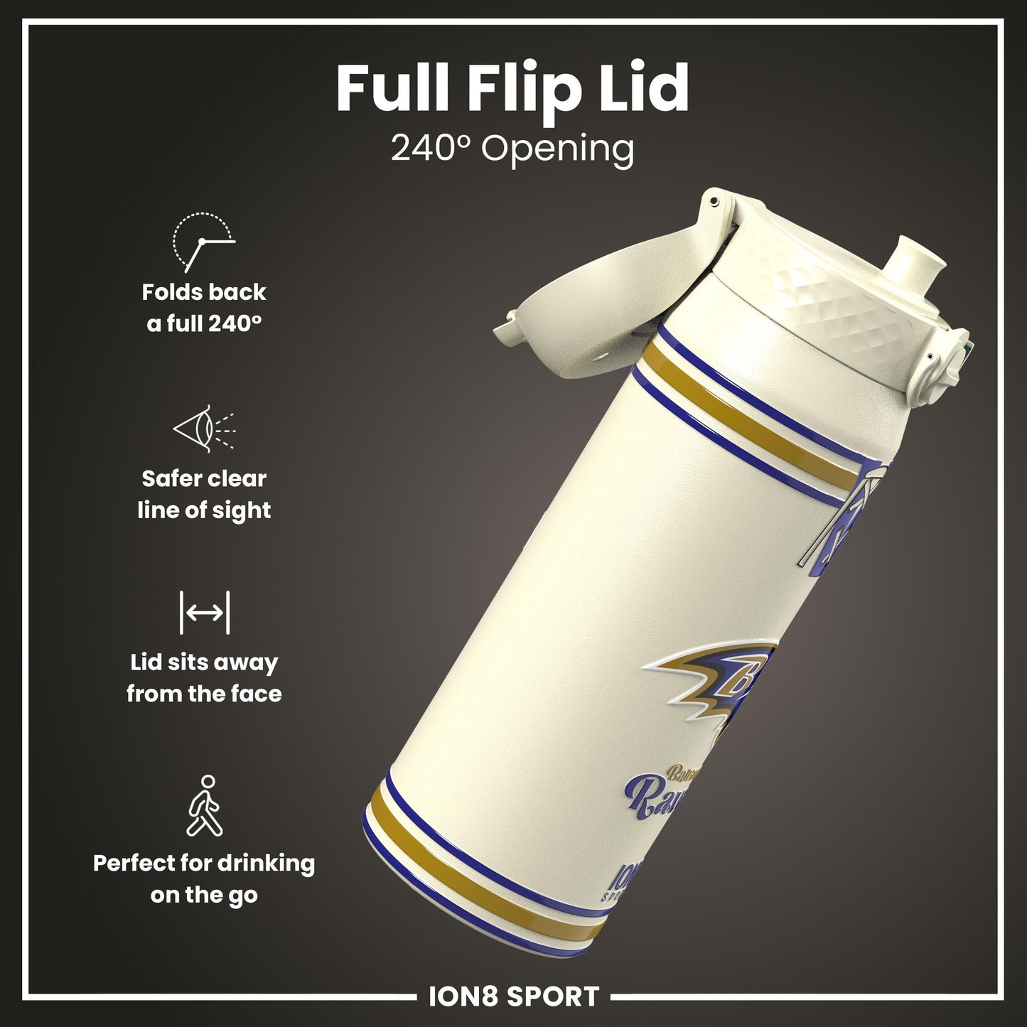 NFL x ION8 Insulated Steel Water Bottle, NFL Ravens, 750ml (24oz)