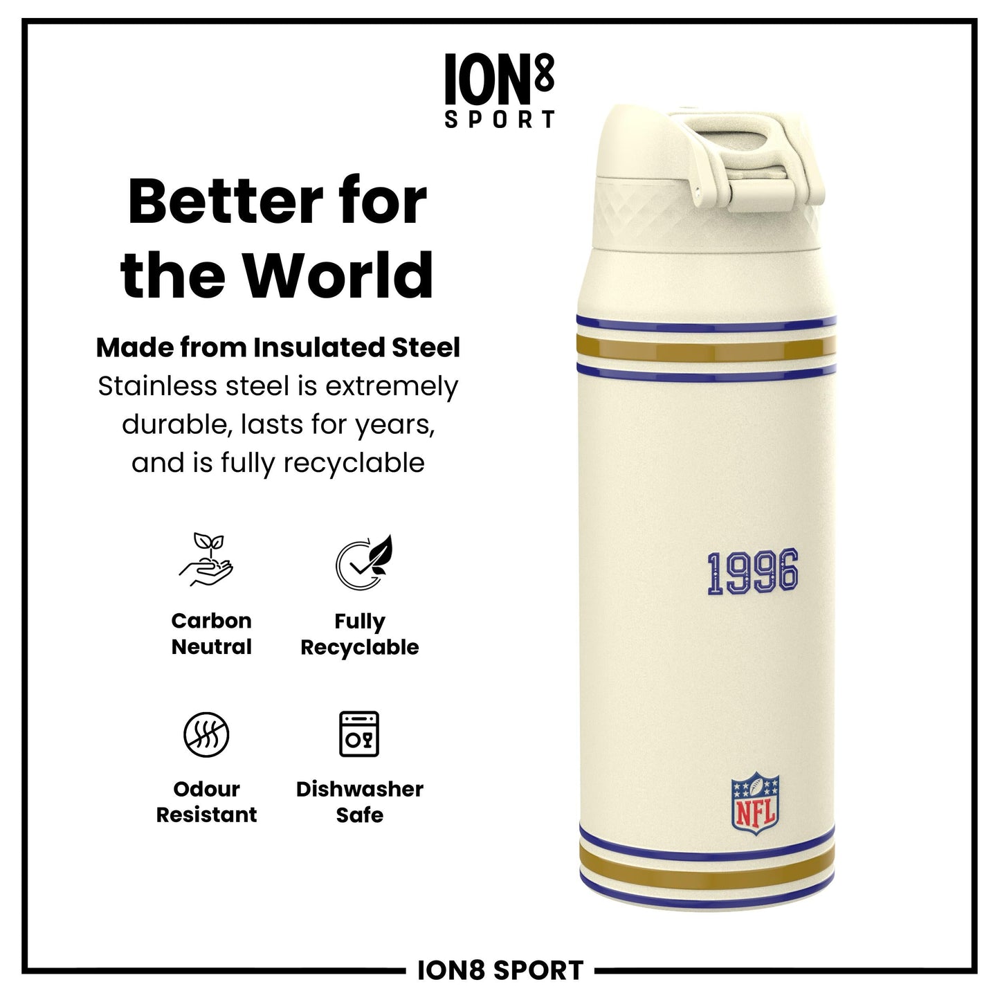NFL x ION8 Insulated Steel Water Bottle, NFL Ravens, 750ml (24oz)