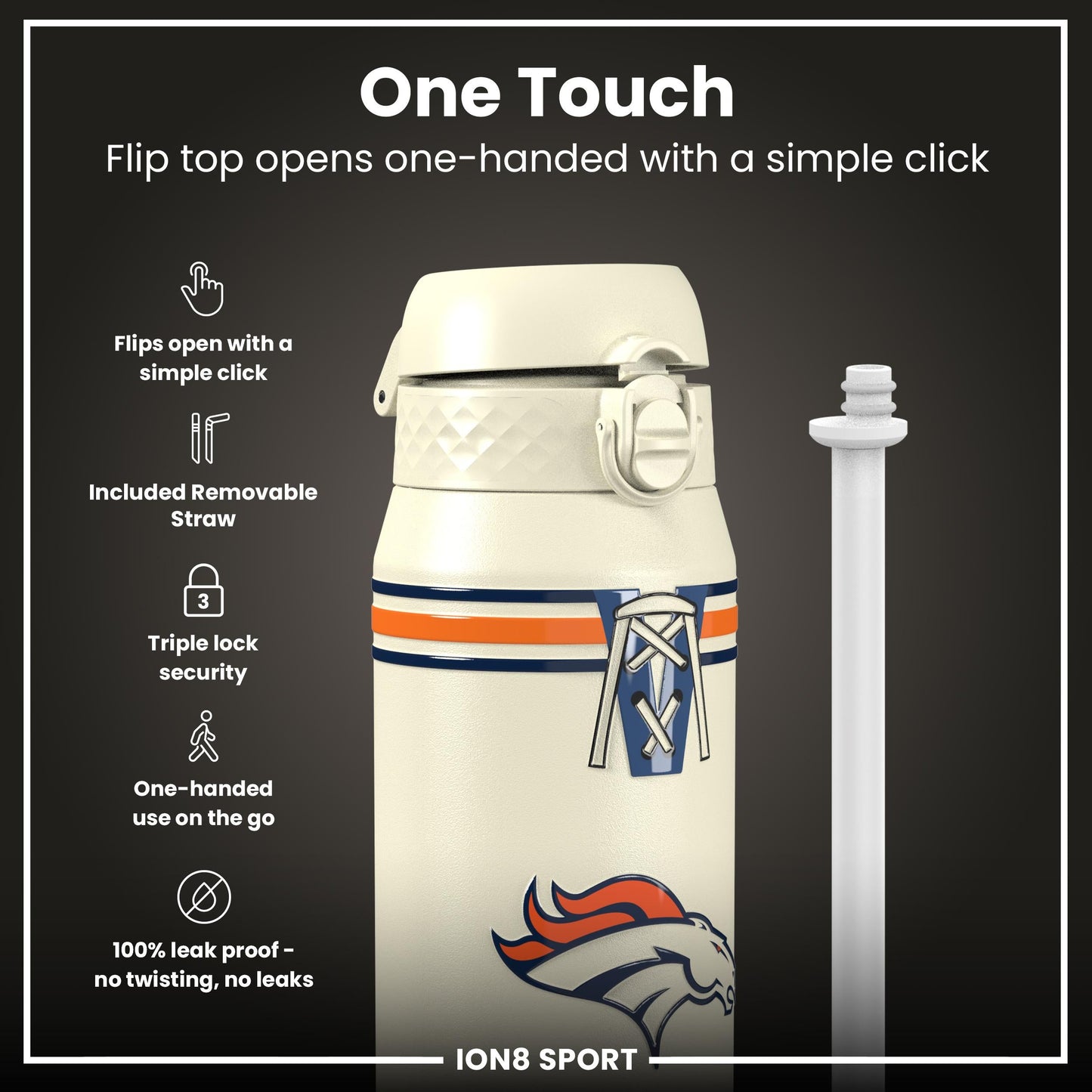 NFL x ION8 Insulated Steel Water Bottle, NFL Broncos, 750ml (24oz)