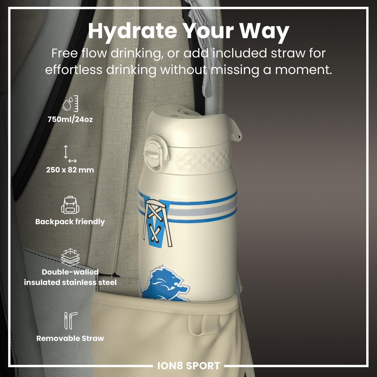 NFL x ION8 Insulated Steel Water Bottle, NFL Lions, 750ml (24oz)