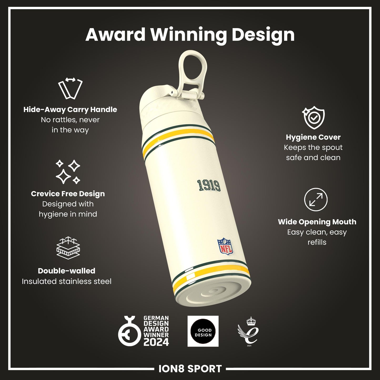 NFL x ION8 Insulated Steel Water Bottle, NFL Packers, 750ml (24oz)