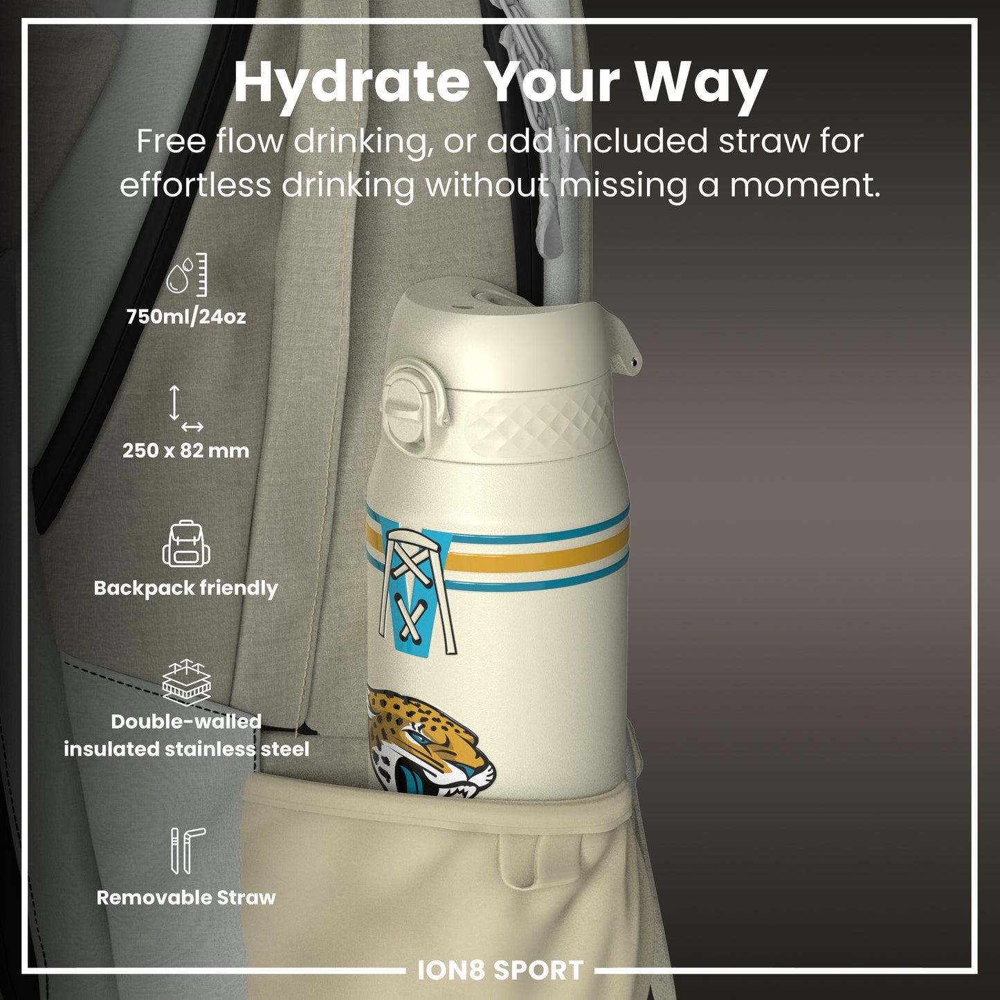 NFL x ION8 Insulated Steel Water Bottle, NFL Jaguars, 750ml (24oz)