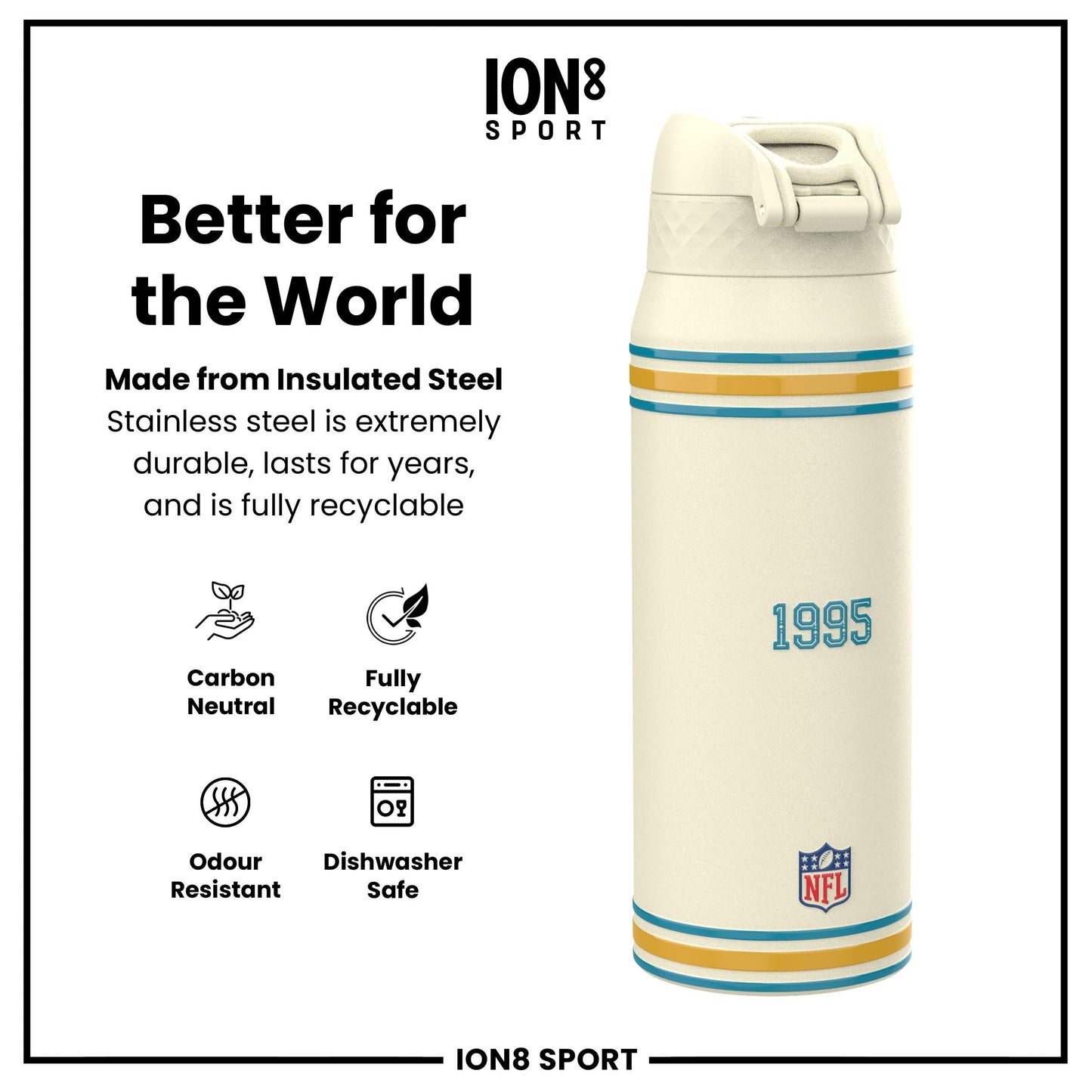 NFL x ION8 Insulated Steel Water Bottle, NFL Jaguars, 750ml (24oz)