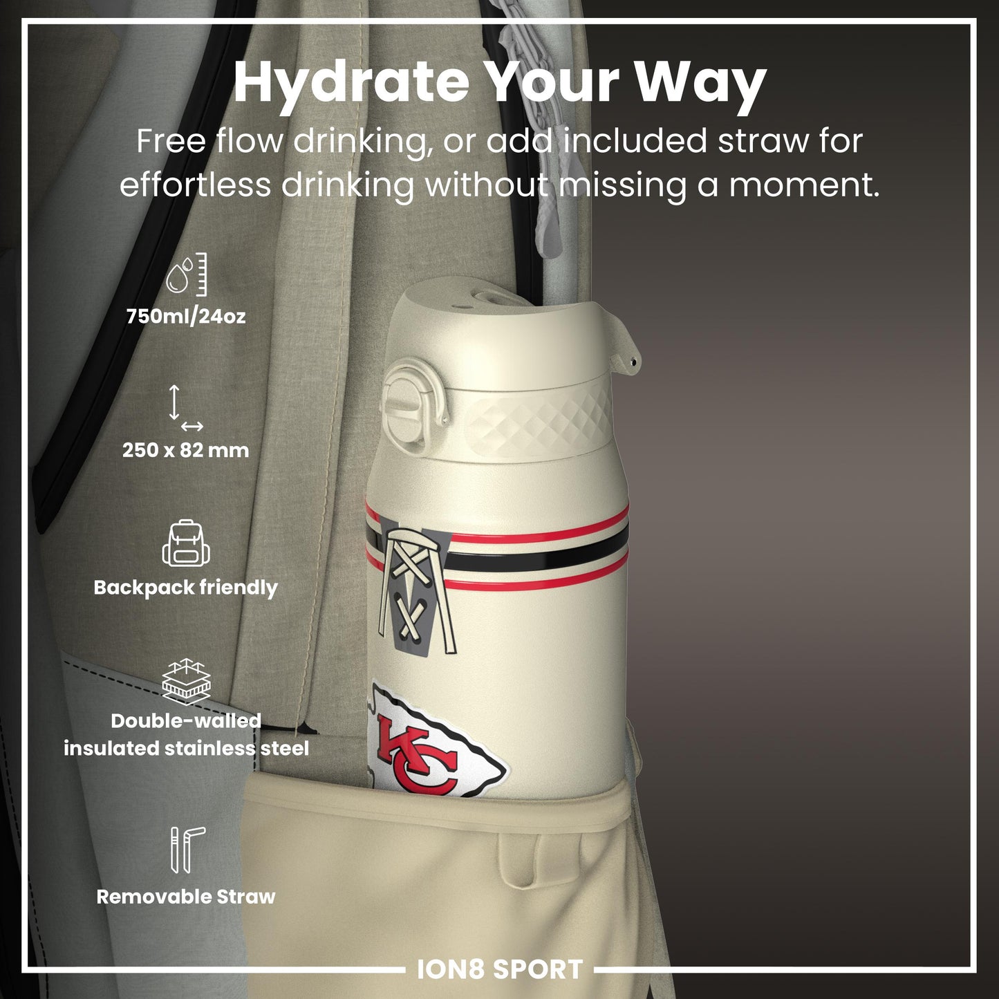 Bouteille d'eau isotherme en acier NFL x ION8, NFL Chiefs, 750 ml (24 oz)