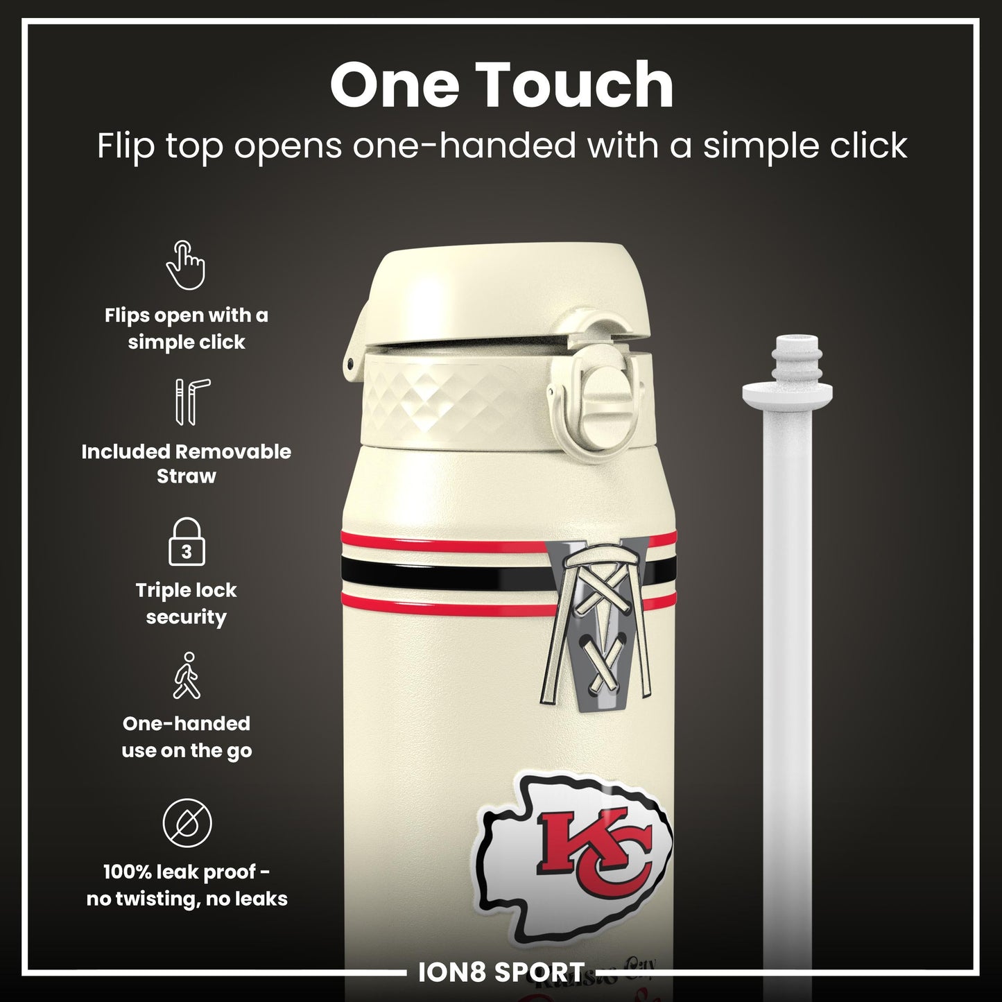 Bouteille d'eau isotherme en acier NFL x ION8, NFL Chiefs, 750 ml (24 oz)