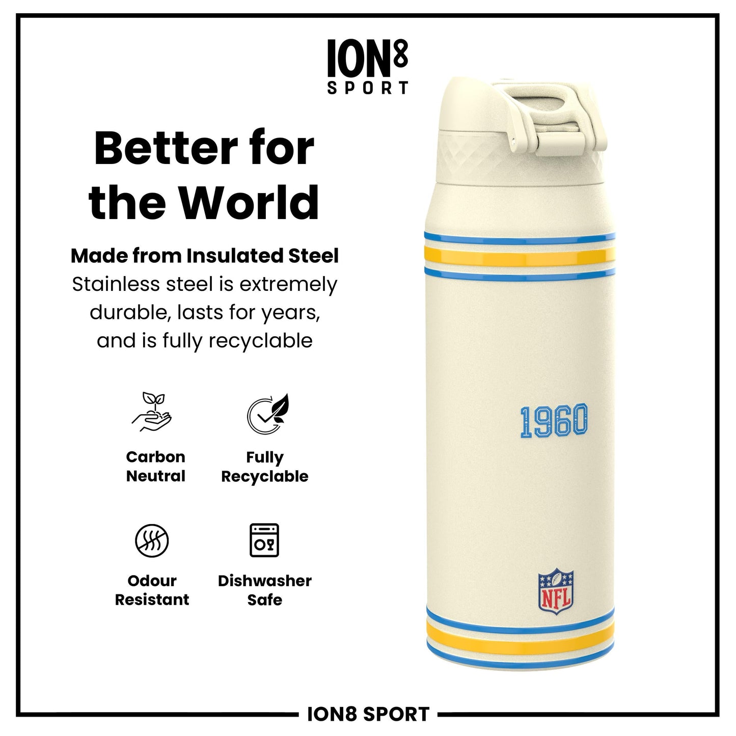NFL x ION8 Insulated Steel Water Bottle, NFL Chargers, 750ml (24oz)
