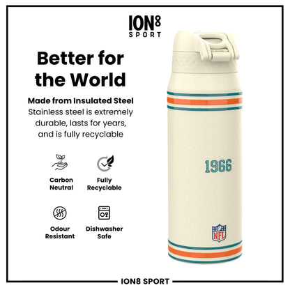 NFL x ION8 Insulated Steel Water Bottle, NFL Dolphins, 750ml (24oz)