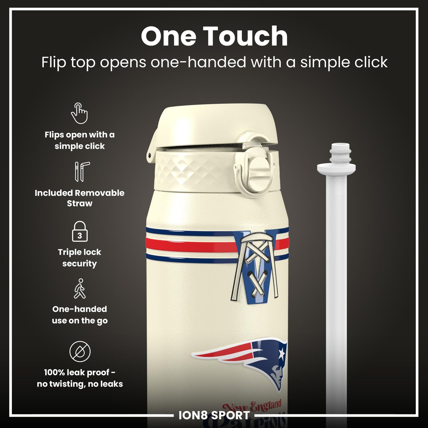 NFL x ION8 Insulated Steel Water Bottle, NFL Patriots, 750ml (24oz)