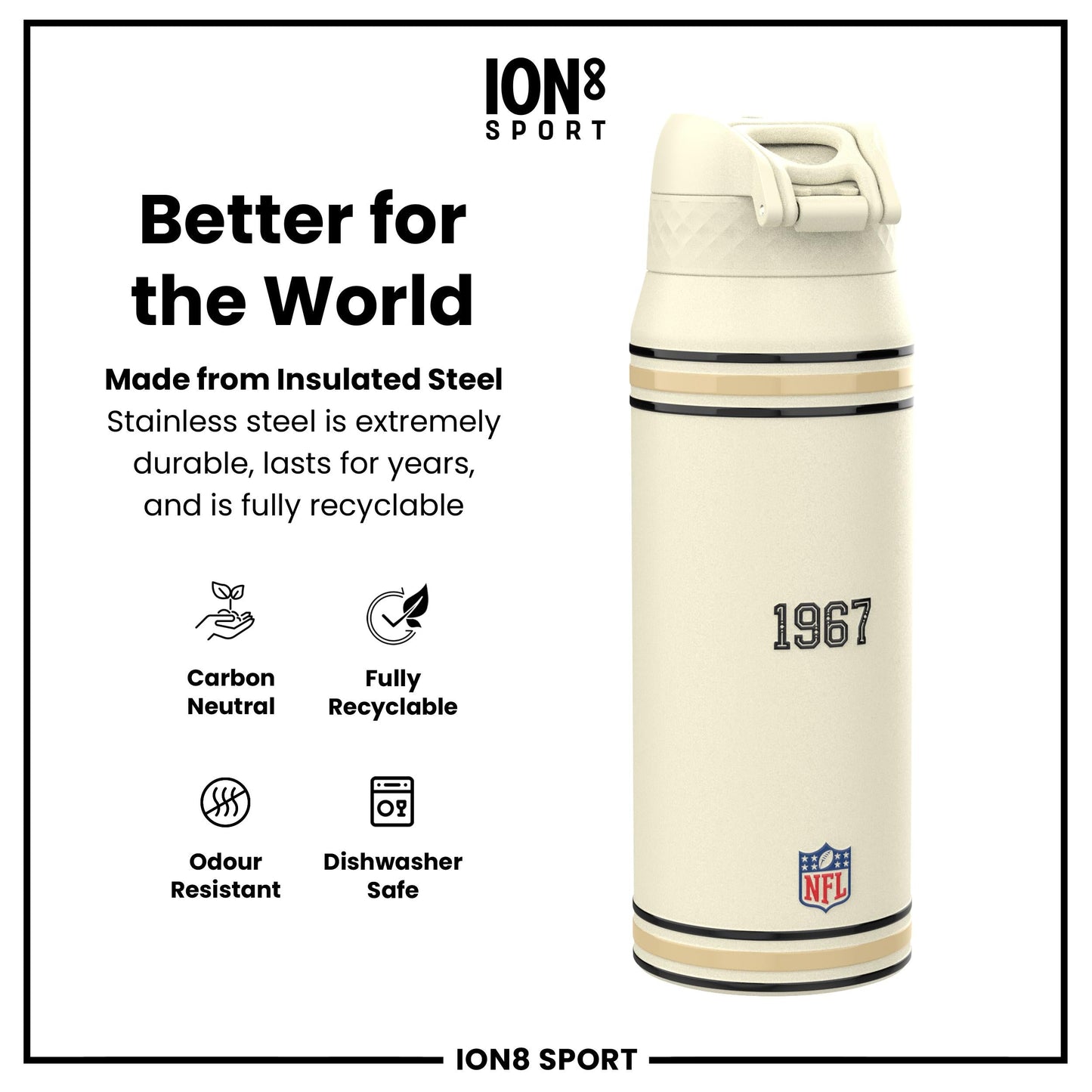 NFL x ION8 Insulated Steel Water Bottle, NFL Saints, 750ml (24oz)