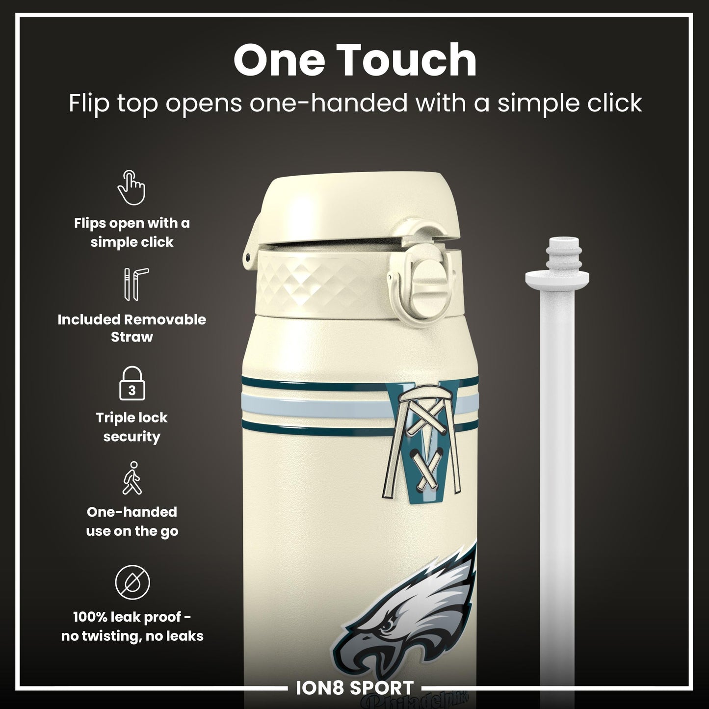 NFL x ION8 Insulated Steel Water Bottle, NFL Eagles, 750ml (24oz)