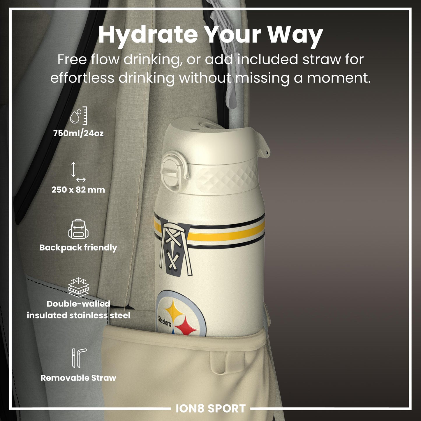 NFL x ION8 Insulated Steel Water Bottle, NFL Steelers, 750ml (24oz)