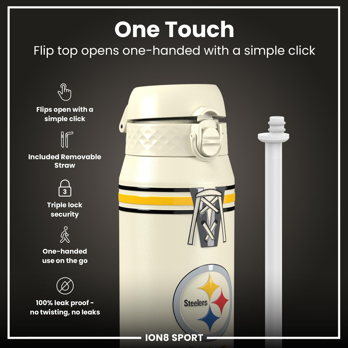NFL x ION8 Insulated Steel Water Bottle, NFL Steelers, 750ml (24oz)