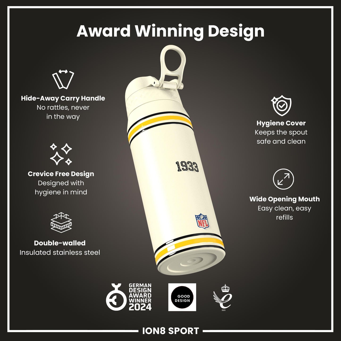 NFL x ION8 Insulated Steel Water Bottle, NFL Steelers, 750ml (24oz)
