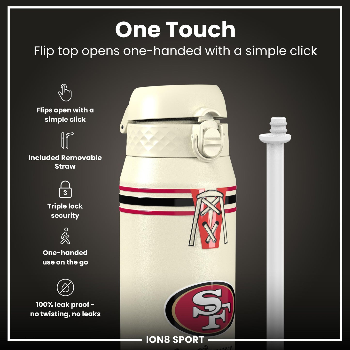 NFL x ION8 Insulated Steel Water Bottle, NFL 49ers, 750ml (24oz)