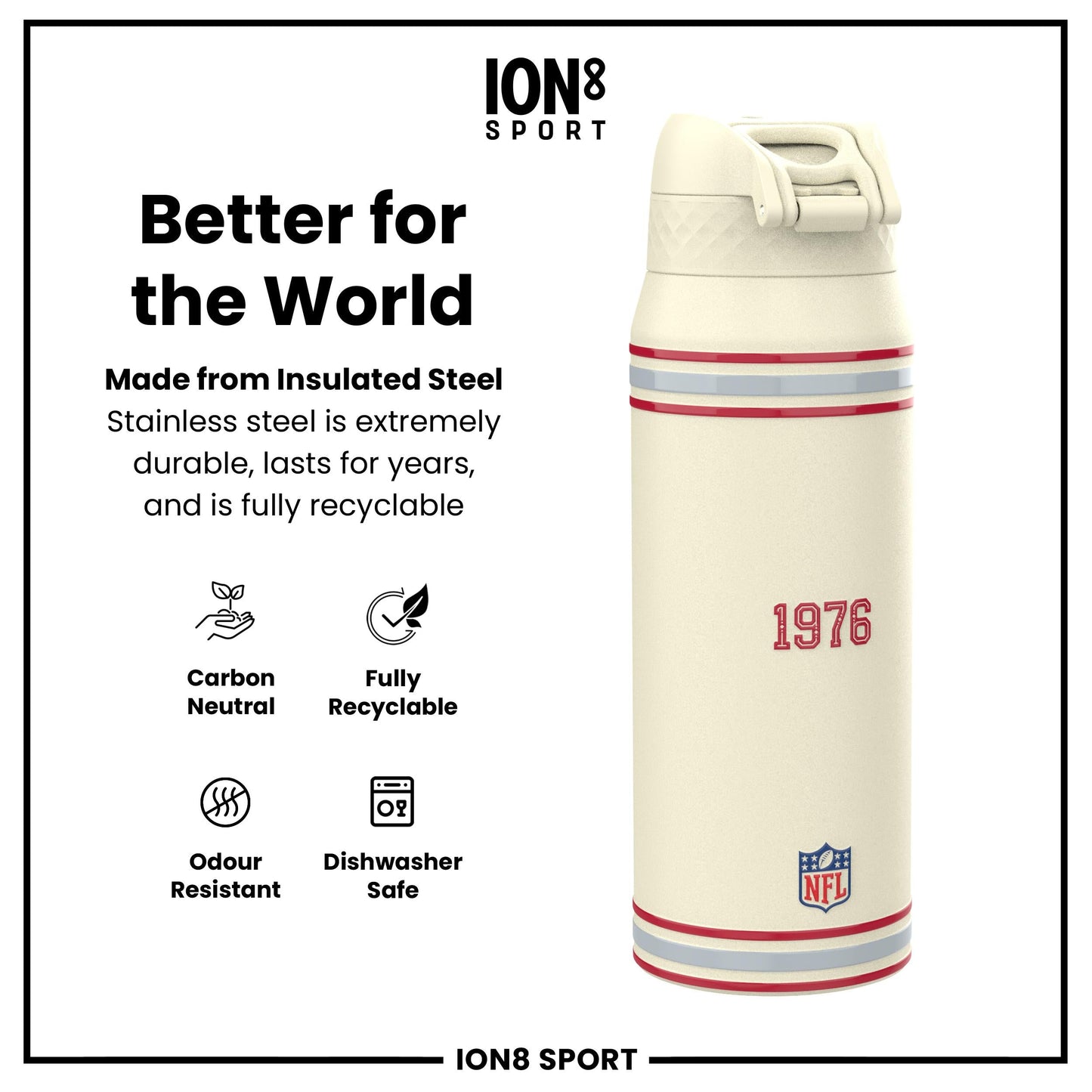 NFL x ION8 Insulated Steel Water Bottle, NFL Buccaneers, 750ml (24oz)