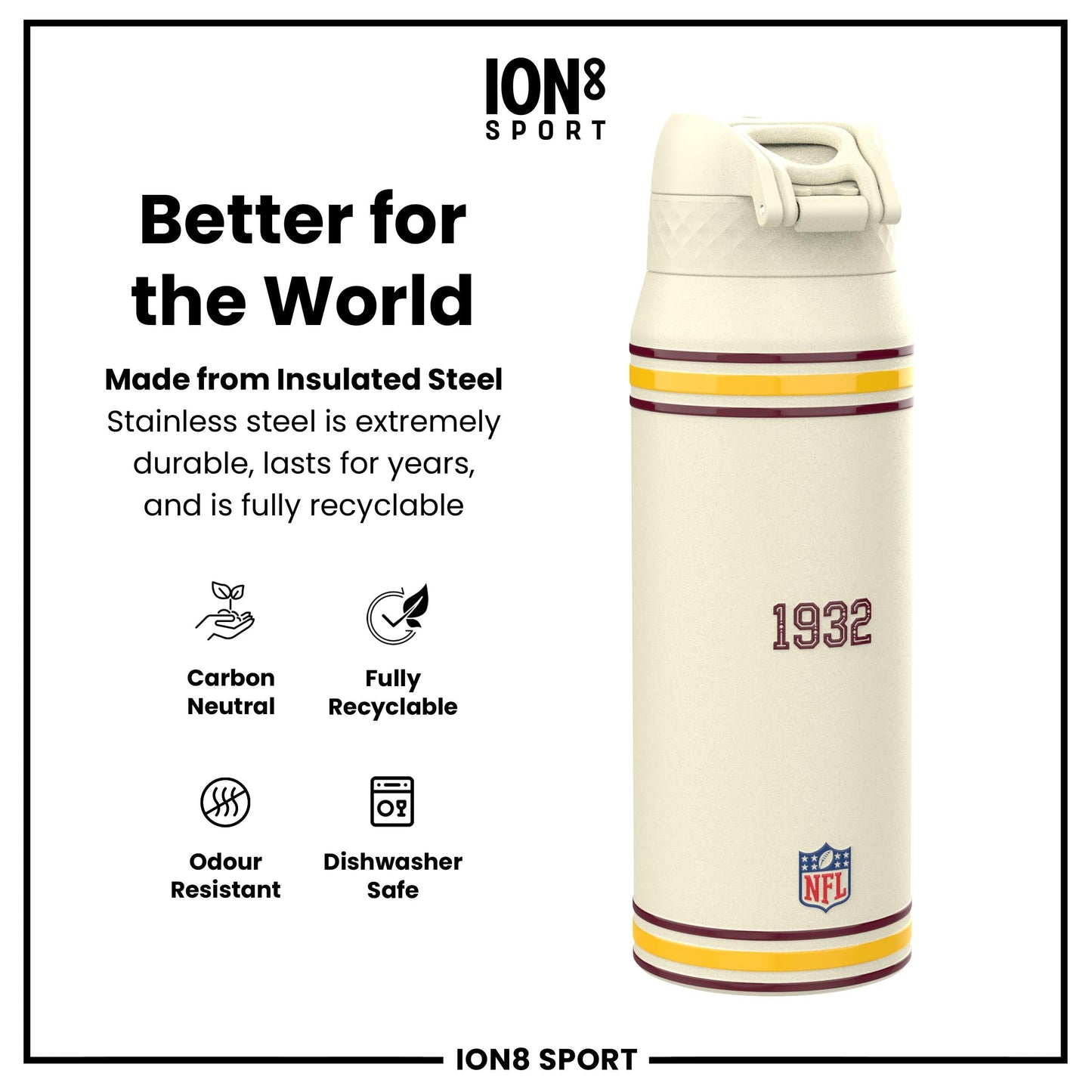 NFL x ION8 Insulated Steel Water Bottle, NFL Commanders, 750ml (24oz)
