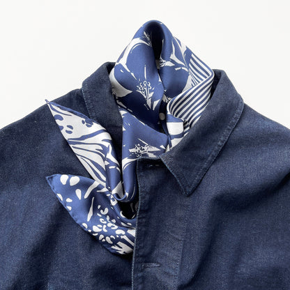 Navy Floral & Dots Silk Scarf Bandana – 65cm for Women