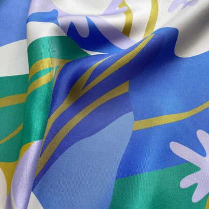 Blue Abstract Lotus Silk Square Scarf - 65cm Double-Sided Print Unisex Bandana Scarf with Hand-rolled Edges