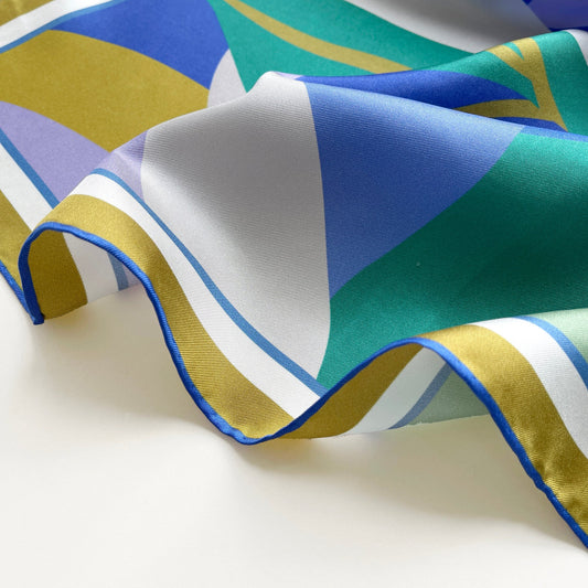 Blue Abstract Lotus Silk Square Scarf - 65cm Double-Sided Print Unisex Bandana Scarf with Hand-rolled Edges