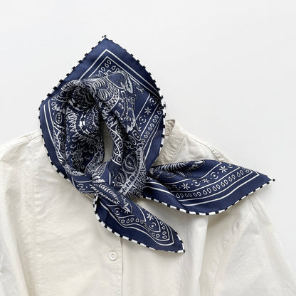 Navy Heritage Paisley Silk Scarf - 53cm Hand-Rolled Unisex Bandana