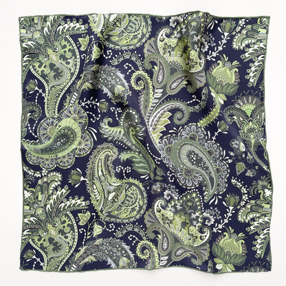 Forest Green Paisley Silk Scarf - 53cm Double-Sided Print Unisex Bandana with Hand-rolled Edges