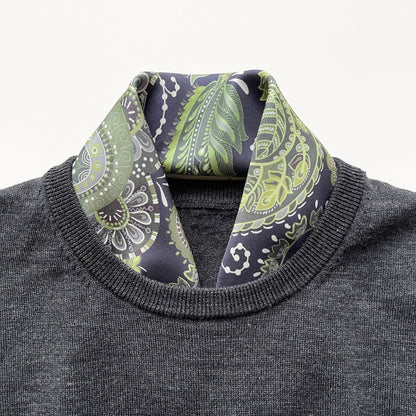 Forest Green Paisley Silk Scarf - 53cm Double-Sided Print Unisex Bandana with Hand-rolled Edges
