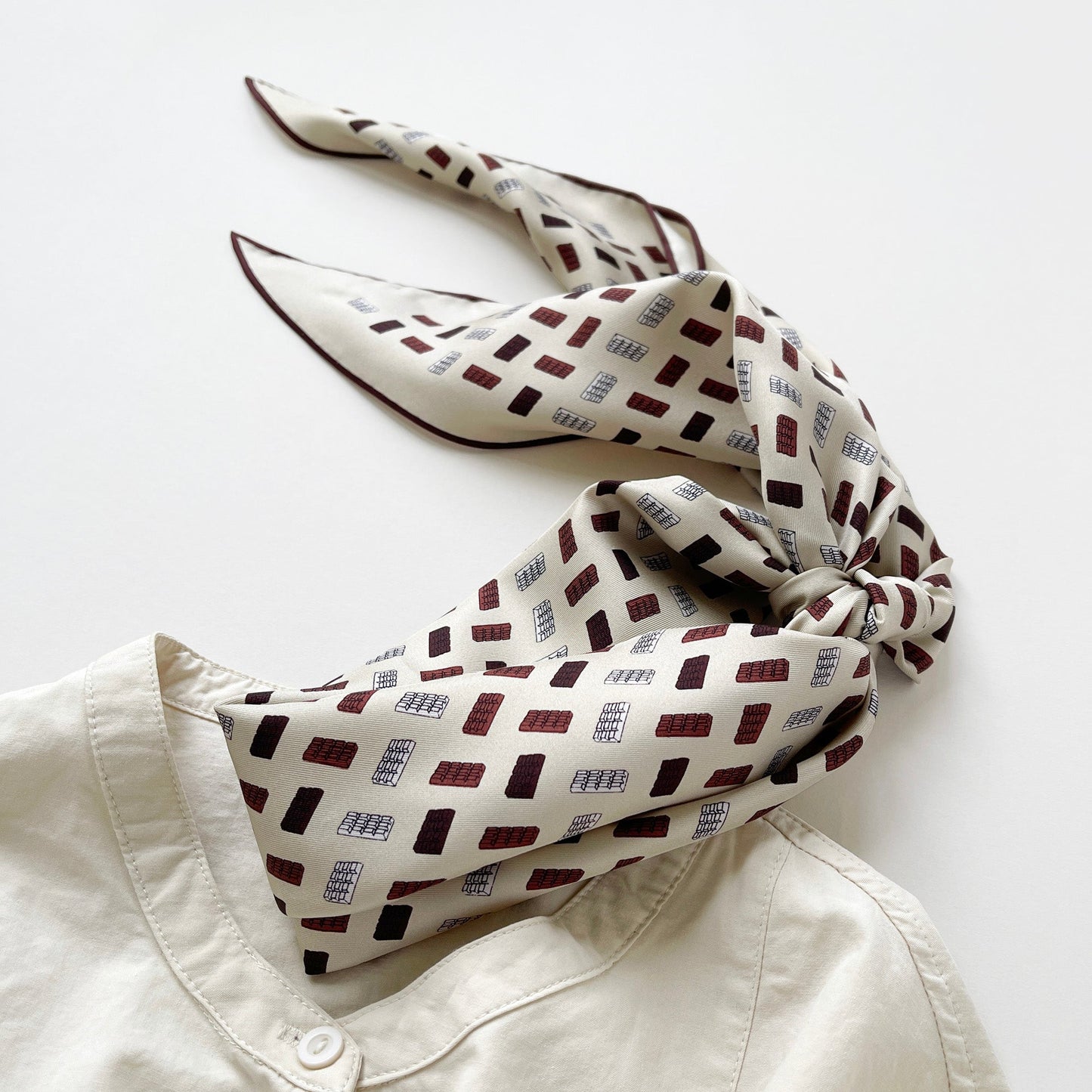 Geometric Chocolate Bar Silk Scarf – Hand-Rolled Neck Scarf for Women