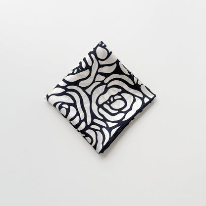 Charcoal Black Abstract Rose Silk Scarf - 65cm Women's Bandana Square with Hand-Rolled Edges