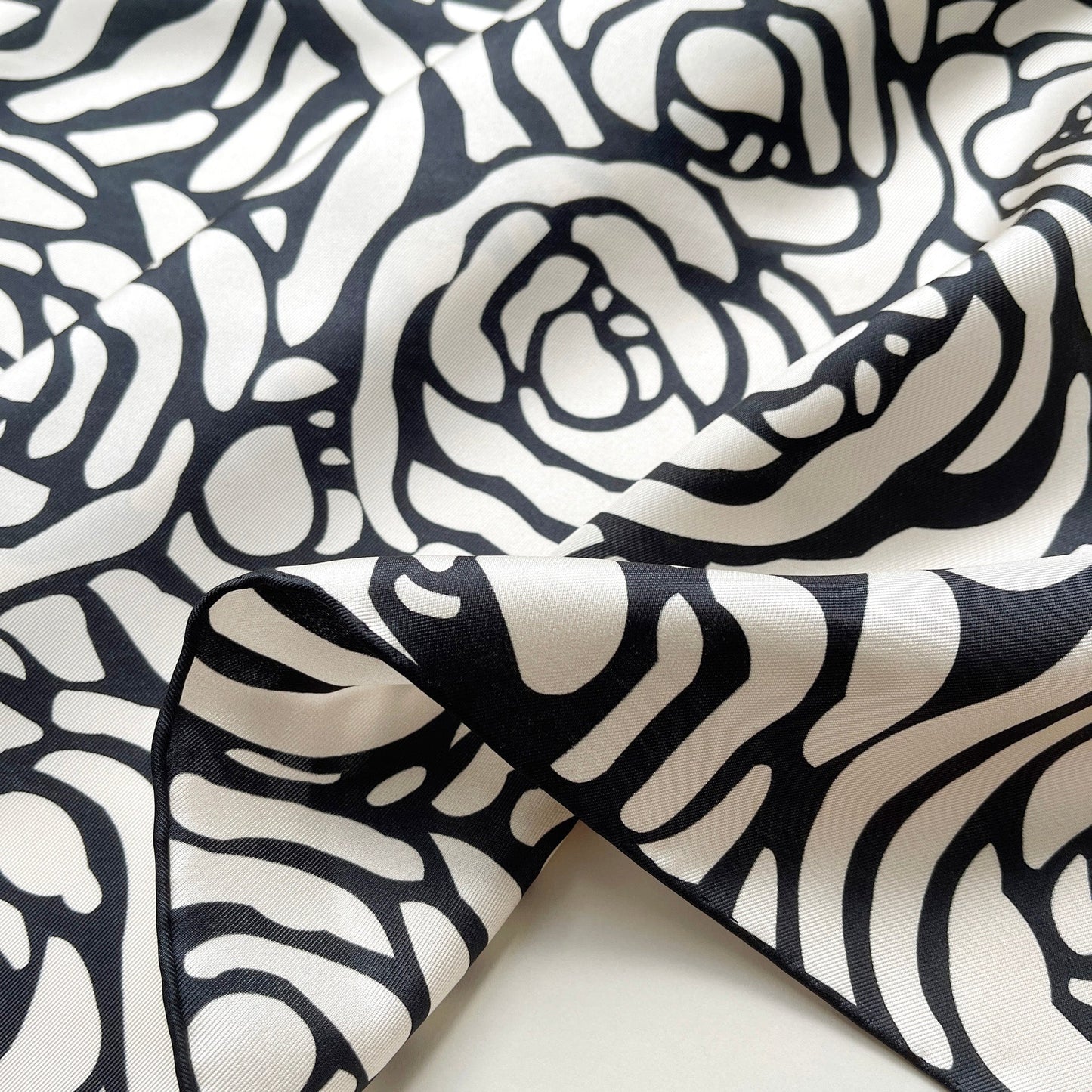 Charcoal Black Abstract Rose Silk Scarf - 65cm Women's Bandana Square with Hand-Rolled Edges