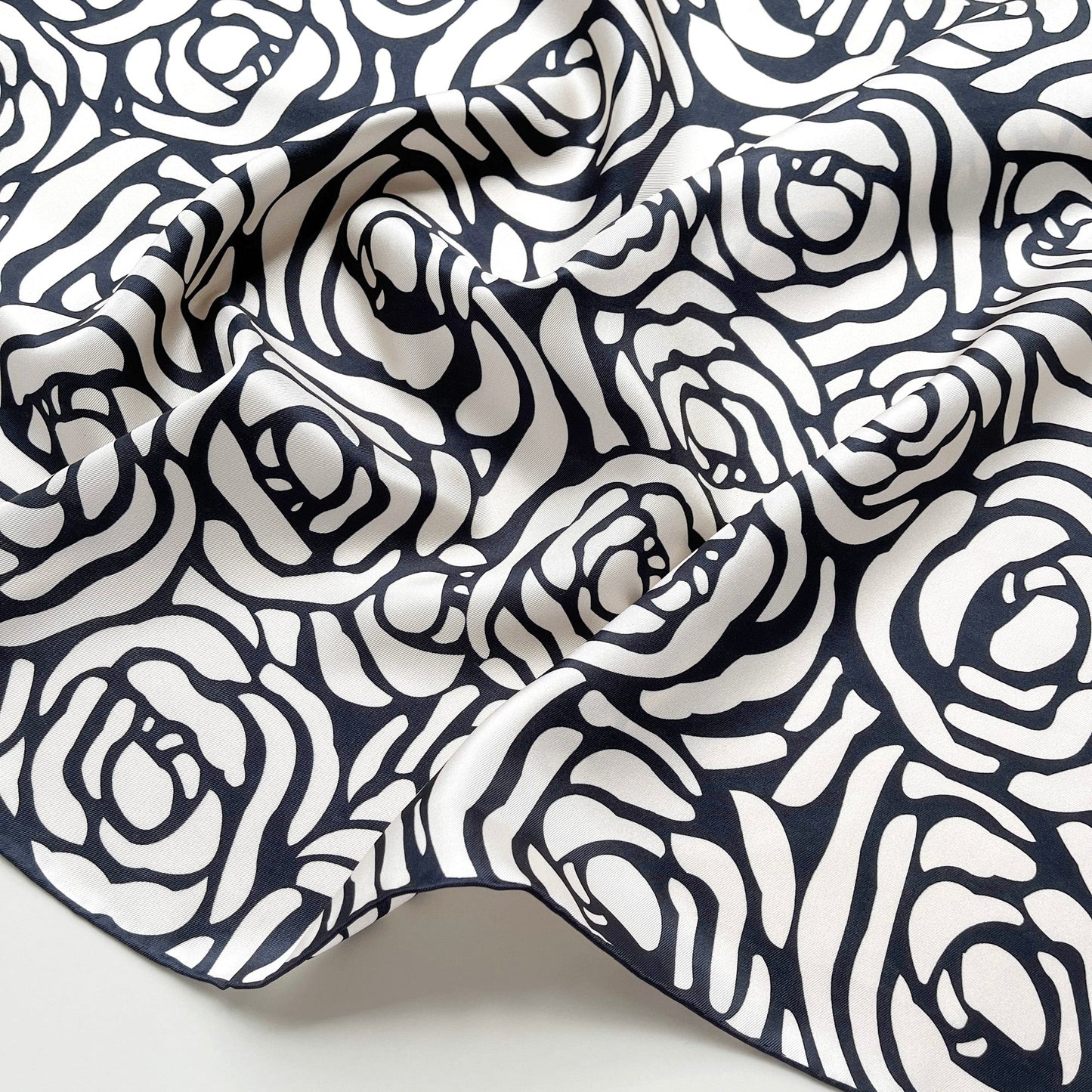 Charcoal Black Abstract Rose Silk Scarf - 65cm Women's Bandana Square with Hand-Rolled Edges