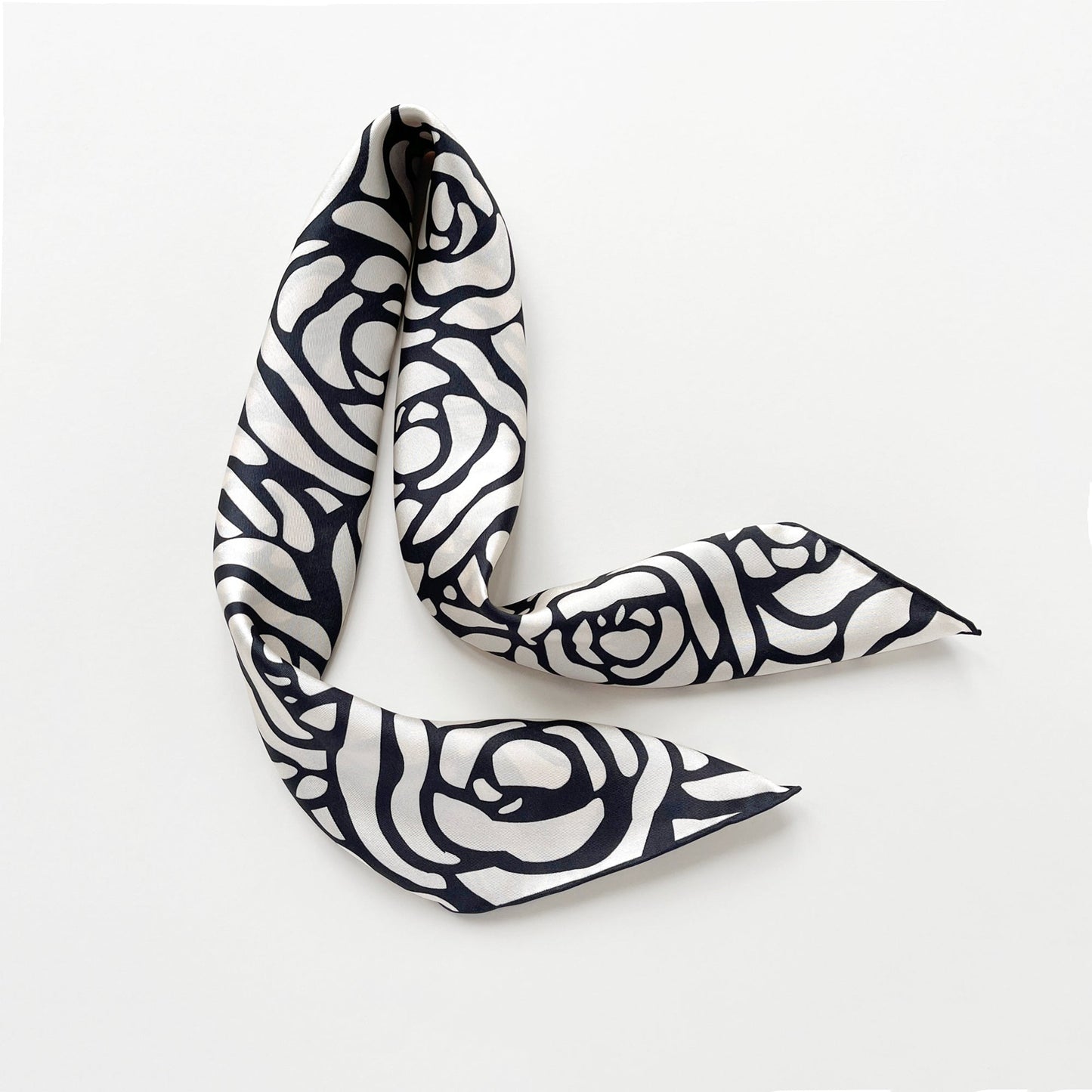 Charcoal Black Abstract Rose Silk Scarf - 65cm Women's Bandana Square with Hand-Rolled Edges
