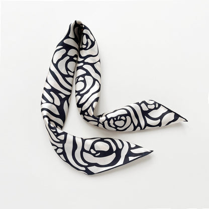 Charcoal Black Abstract Rose Silk Scarf - 65cm Women's Bandana Square with Hand-Rolled Edges