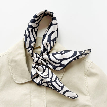 Charcoal Black Abstract Rose Silk Scarf - 65cm Women's Bandana Square with Hand-Rolled Edges