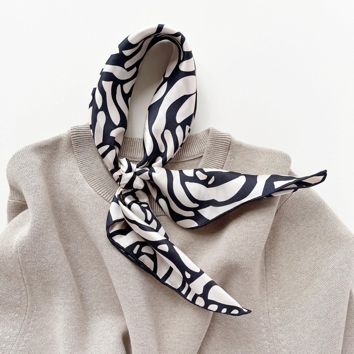 Charcoal Black Abstract Rose Silk Scarf - 65cm Women's Bandana Square with Hand-Rolled Edges