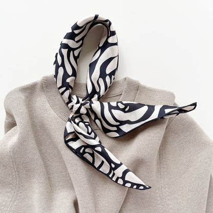 Charcoal Black Abstract Rose Silk Scarf - 65cm Women's Bandana Square with Hand-Rolled Edges