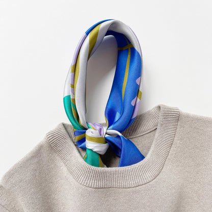 Blue Abstract Lotus Silk Square Scarf - 65cm Double-Sided Print Unisex Bandana Scarf with Hand-rolled Edges