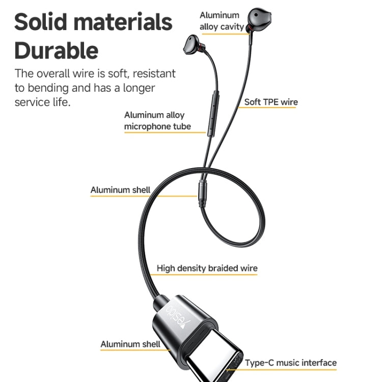 Écouteurs intra-auriculaires filaires Yesido YH49 Type-C avec contrôle de ligne, longueur : 1,2 m (noir)