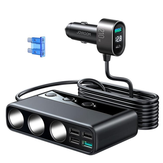 JOYROOM JR-CL06 9 in 1 210W PD USB-C / Type-C + Dual QC3.0 USB + 3 USB + 3 Cigarette Lighter Holes Digital Display Car Charger (Black)