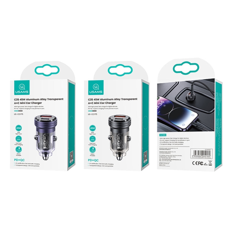 Chargeur de voiture mini USAMS US-CC175 C35 45 W en alliage d'aluminium transparent à double port USB (noir)