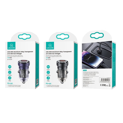Chargeur de voiture mini USAMS US-CC175 C35 45 W en alliage d'aluminium transparent à double port USB (noir)