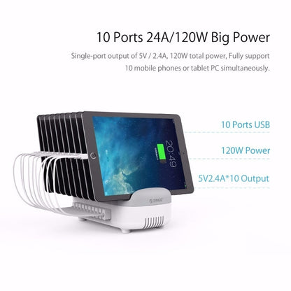 Station de charge intelligente ORICO DUK-10P 120W à 10 ports USB avec support pour téléphone et tablette, prise américaine (blanc)